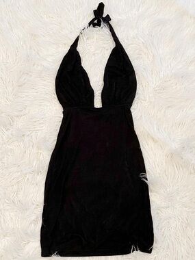 Free People Black Plunge Neck Mini Dress Tie Neck Backless